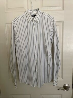 Theory Men's White Dress Shirt with Blue Pinstripes